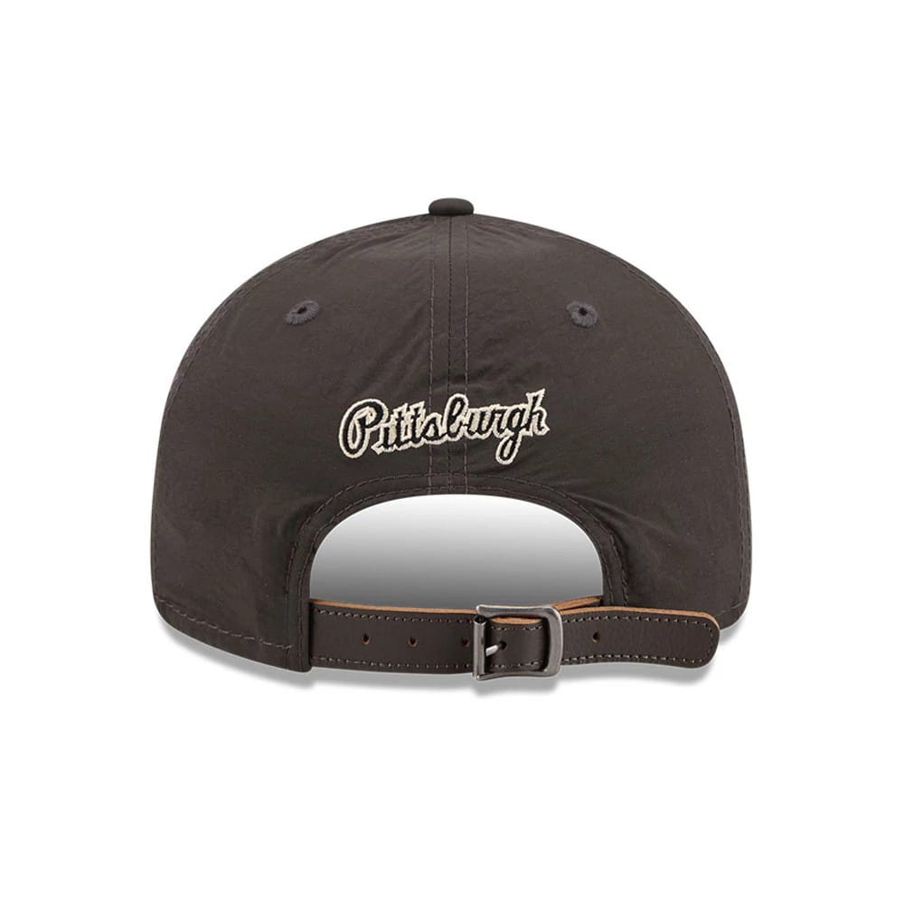LA Dodgers MLB Nylon Black Retro Crown New Era 9FIFTY Adjustable Cap, rear view showing the white embroidered Pittsburgh script logo across the back panels, with a brown leather strap and a buckle closure below.