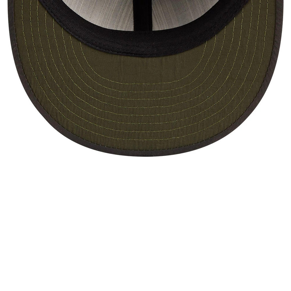 LA Dodgers MLB Nylon Black Retro Crown New Era 9FIFTY Adjustable Cap, inside view showing an olive green undervisor with neat stitching, a black sweatband running along the edge, and contrasting black taping at the centre.