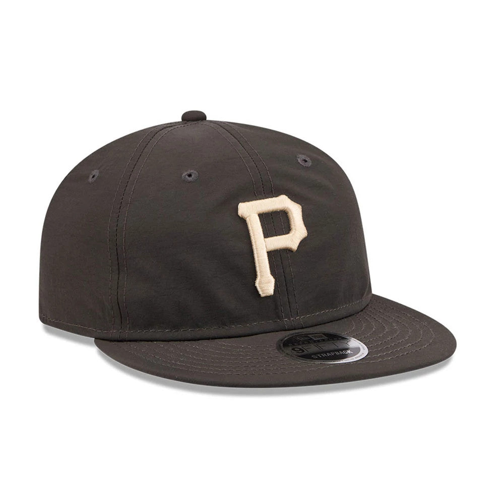 Pittsburgh Pirates MLB Nylon Black Retro Crown New Era 9FIFTY Adjustable Cap, front view showing a cream embroidered P logo on the structured black crown, a flat black visor and a 9FIFTY size sticker on the visor.
