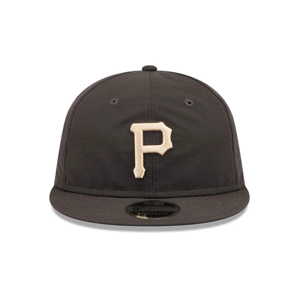 Pittsburgh Pirates MLB Nylon Black Retro Crown New Era 9FIFTY Adjustable Cap, front view showing a raised beige team logo embroidered on the front panel, a black flat visor, and a 9FIFTY size sticker centred on the visor.