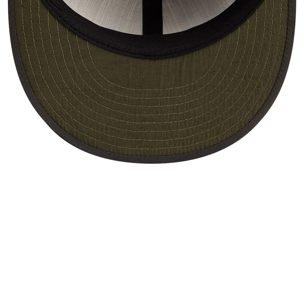 San Francisco Giants MLB Nylon Black Retro Crown New Era 9FIFTY Adjustable Cap, inside view showing the olive undervisor with detailed stitching, black sweatband, and black taping dividing the panels.