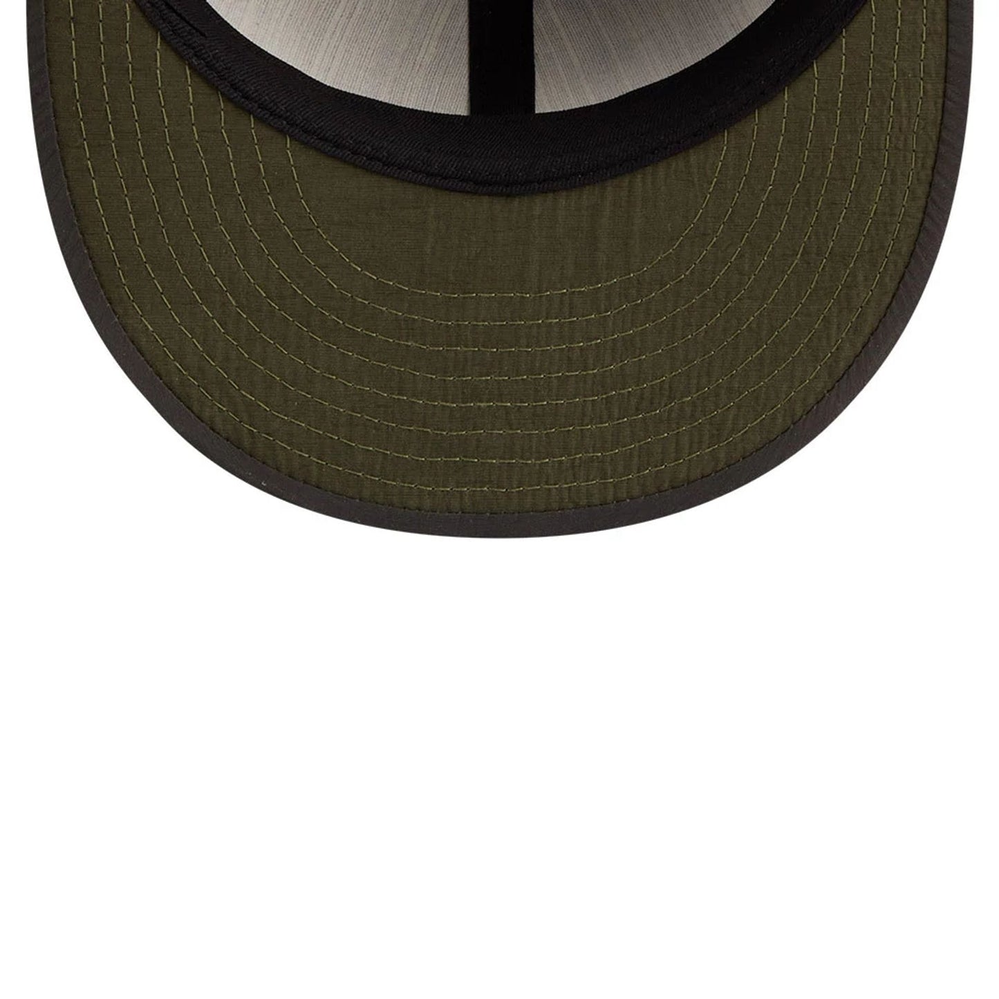 San Francisco Giants MLB Nylon Black Retro Crown New Era 9FIFTY Adjustable Cap, inside view showing the olive undervisor with detailed stitching, black sweatband, and black taping dividing the panels.
