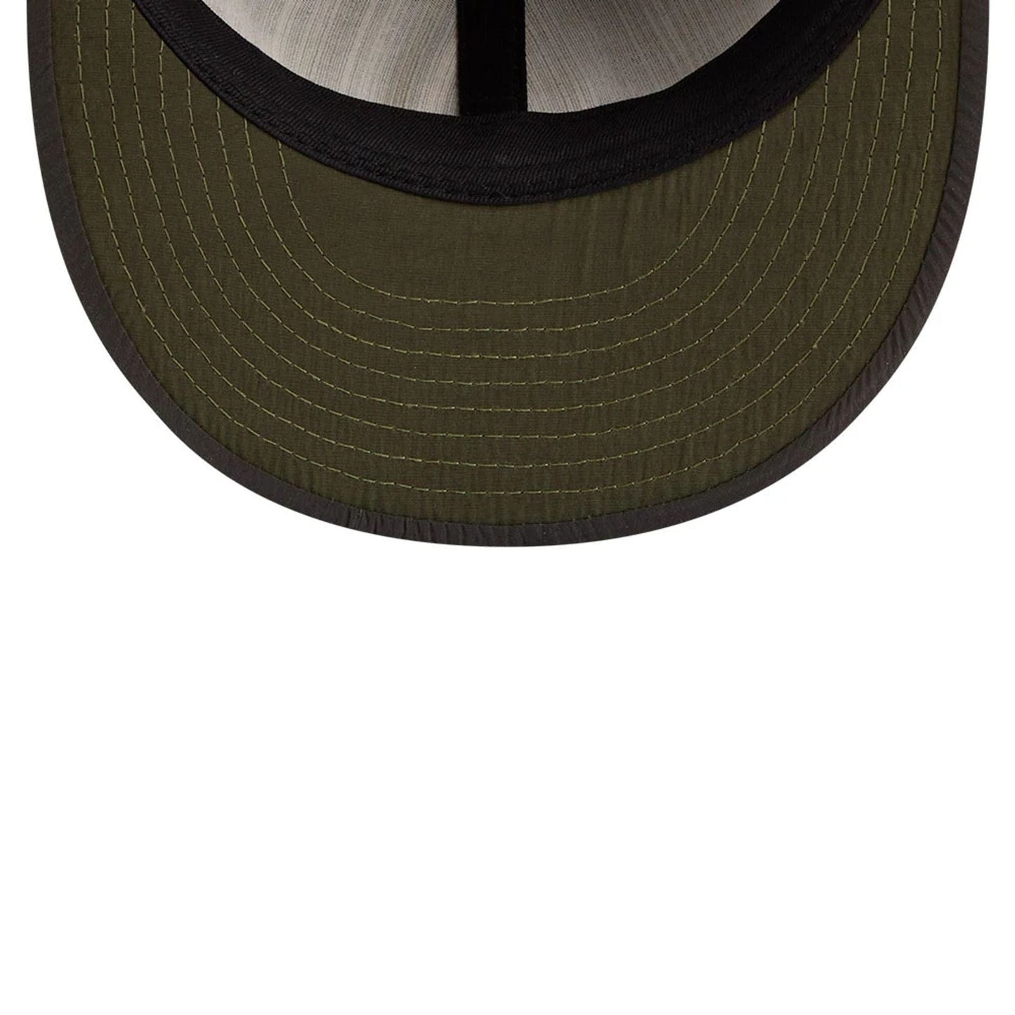 San Diego Padres MLB Nylon Black Retro Crown New Era 9FIFTY Adjustable Cap, inside view showing the olive green undervisor with detailed stitching, a contrasting black sweatband, and central black taping running through the lightweight fabric.
