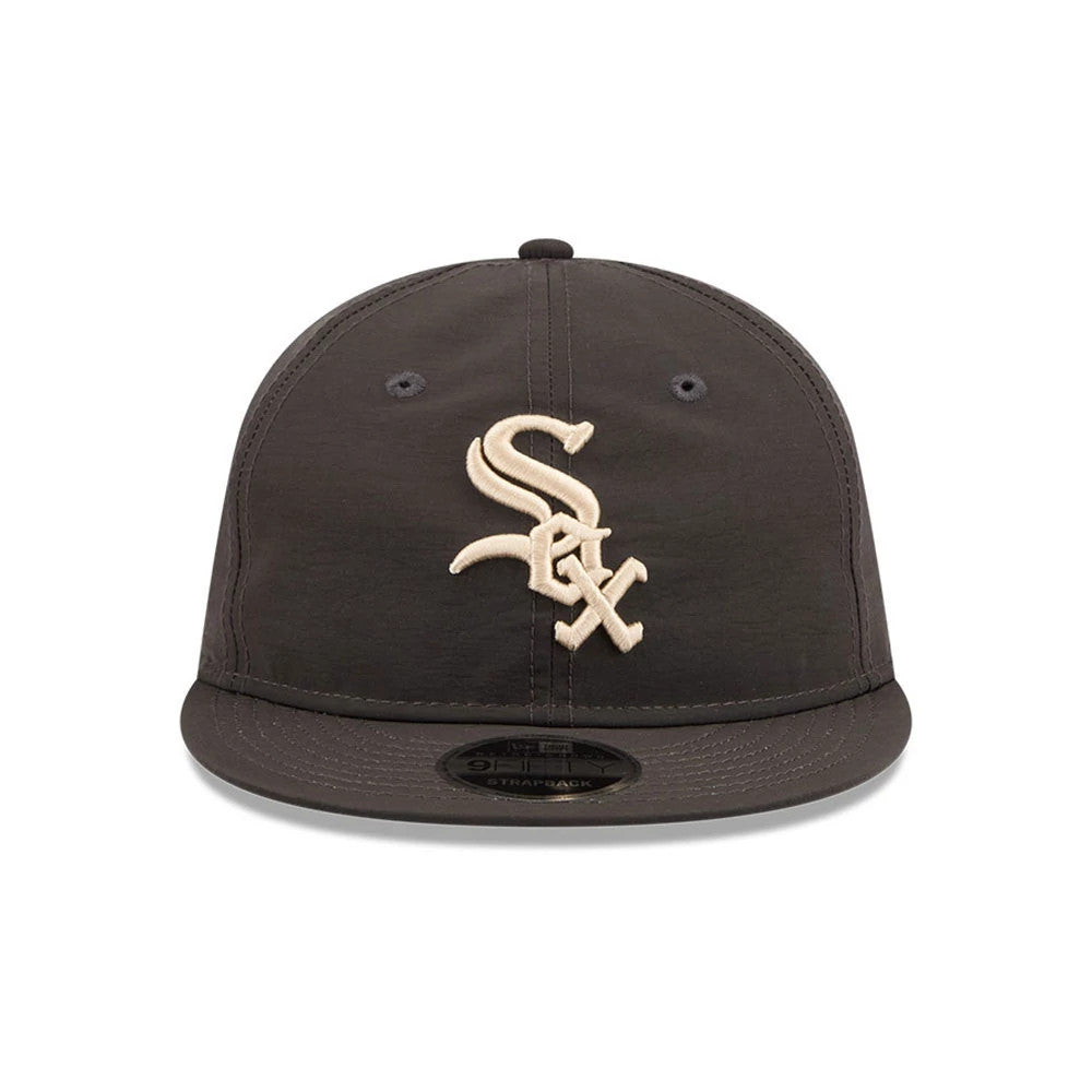 Chicago White Sox MLB Nylon Black Retro Crown New Era 9FIFTY Adjustable Cap, front view showing the raised white embroidered Sox logo centred on the black crown, with the flat visor and 9FIFTY size sticker underneath.