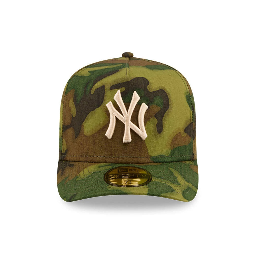 New York Yankees MLB Ripstop Camo New Era 59FORTY A-Frame Fitted Cap, front view showing the raised white embroidered NY logo on the structured camo-patterned crown, with a 59FORTY size sticker on the flat camo visor.