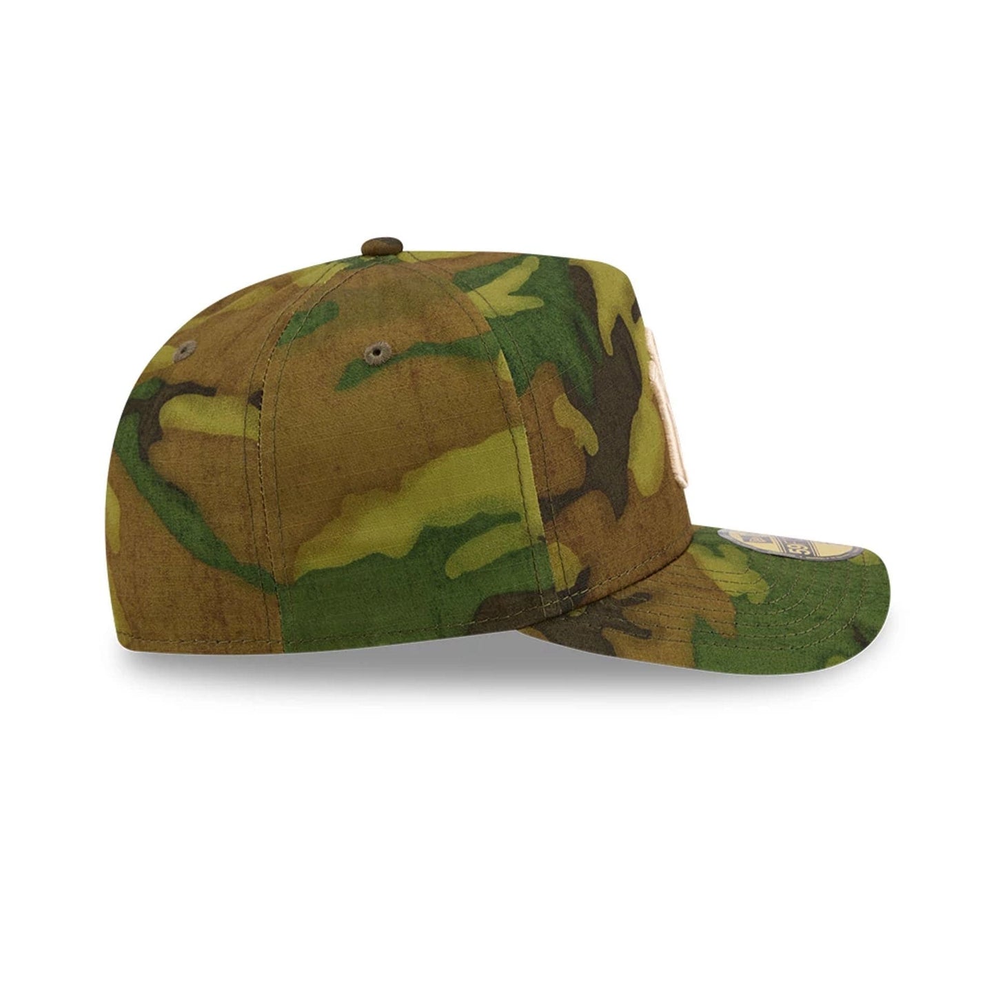 New York Yankees MLB Ripstop Camo New Era 59FORTY A-Frame Fitted Cap, side view showing the camouflage pattern on the structured crown and flat visor, with a New Era flag logo embroidered on the left side and eyelets.