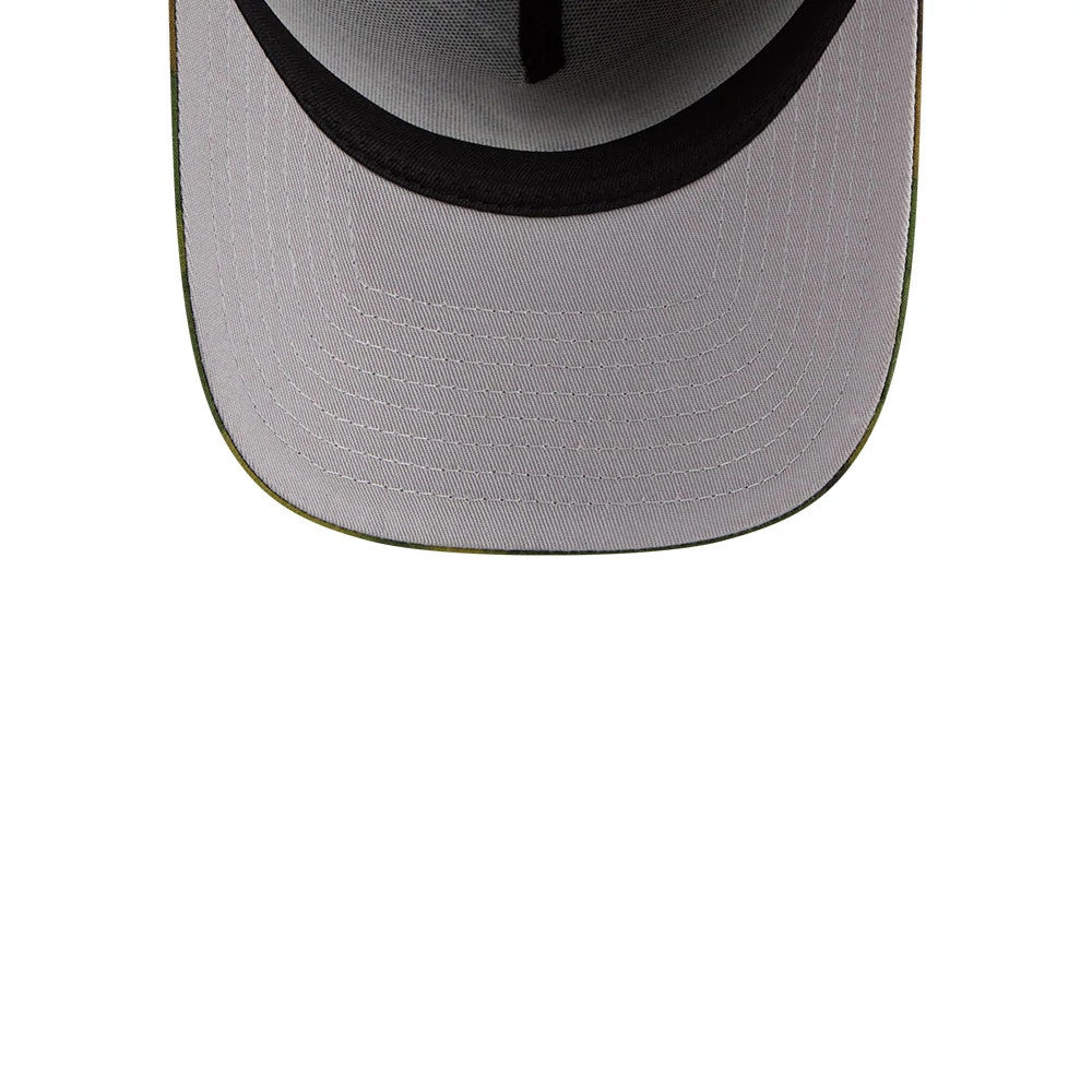 New York Yankees MLB Ripstop Camo New Era 59FORTY A-Frame Fitted Cap, inside view showing a light grey undervisor with detailed stitching, a black inner sweatband, and black internal taping running along the seams of the structured crown.