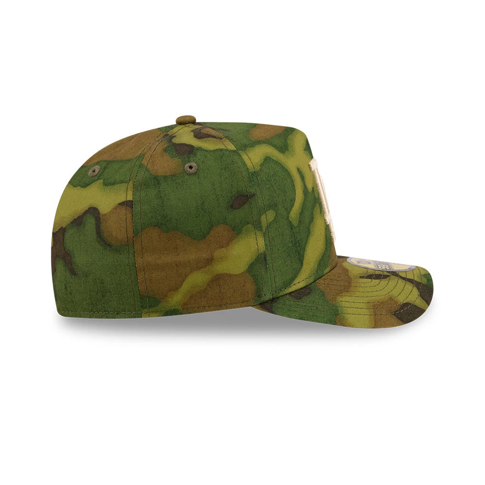 LA Dodgers MLB Ripstop Camo New Era 59FORTY A-Frame Fitted Cap, side view showing the camo pattern across the structured crown and visor, with a top button and embroidered eyelets, and a view of a size sticker on the visor.