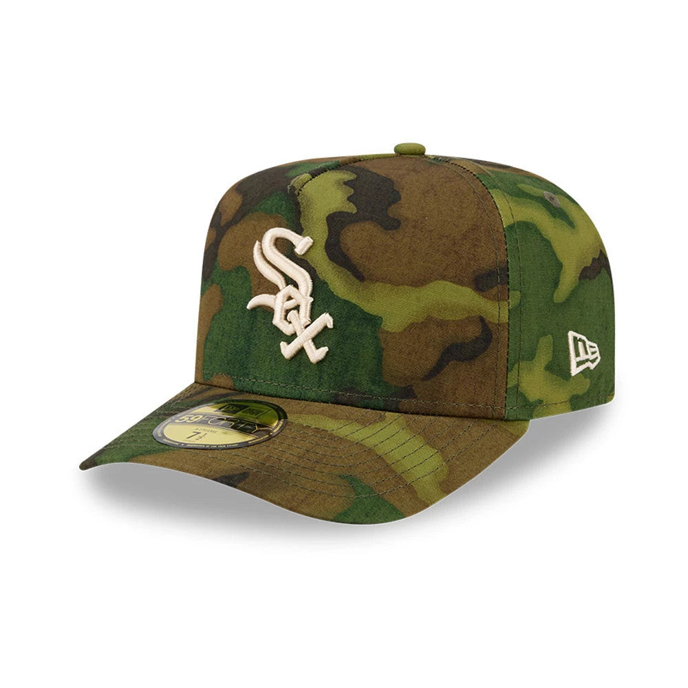 Chicago White Sox MLB Ripstop Camo New Era 59FORTY A-Frame Fitted Cap, three-quarter view showing a raised white embroidered Sox logo on the front panel, camouflage pattern on the structured crown and visor, and a gold 59FORTY size sticker.
