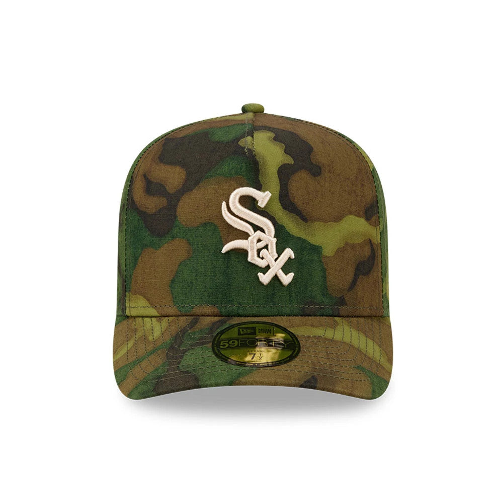 Chicago White Sox MLB Ripstop Camo New Era 59FORTY A-Frame Fitted Cap, front view showing the white embroidered Sox logo on the camouflage front panel, complemented by a matching camouflage visor and a gold 59FORTY size sticker.