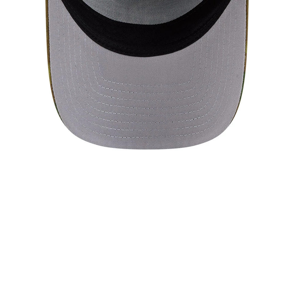 Chicago White Sox MLB Ripstop Camo New Era 59FORTY A-Frame Fitted Cap, underside view showing the grey undervisor with detailed stitching, a black sweatband lining the inner edge, and a glimpse of the camouflage pattern at the visor edge.