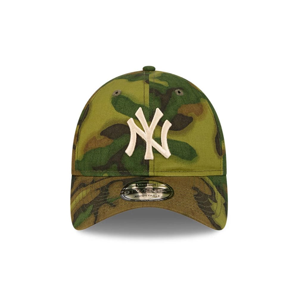 New York Yankees MLB Ripstop Camo New Era 9TWENTY Adjustable Cap, front view showing a white raised embroidered NY logo on the camo-patterned front panel, with a rounded visor and a 9TWENTY size sticker on the visor.