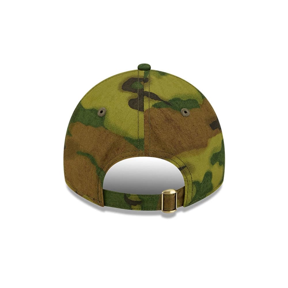 New York Yankees MLB Ripstop Camo New Era 9TWENTY Adjustable Cap, rear view showing the gold buckle on the adjustable strap, with the camouflage pattern across the unstructured crown and embroidered eyelets on either side.