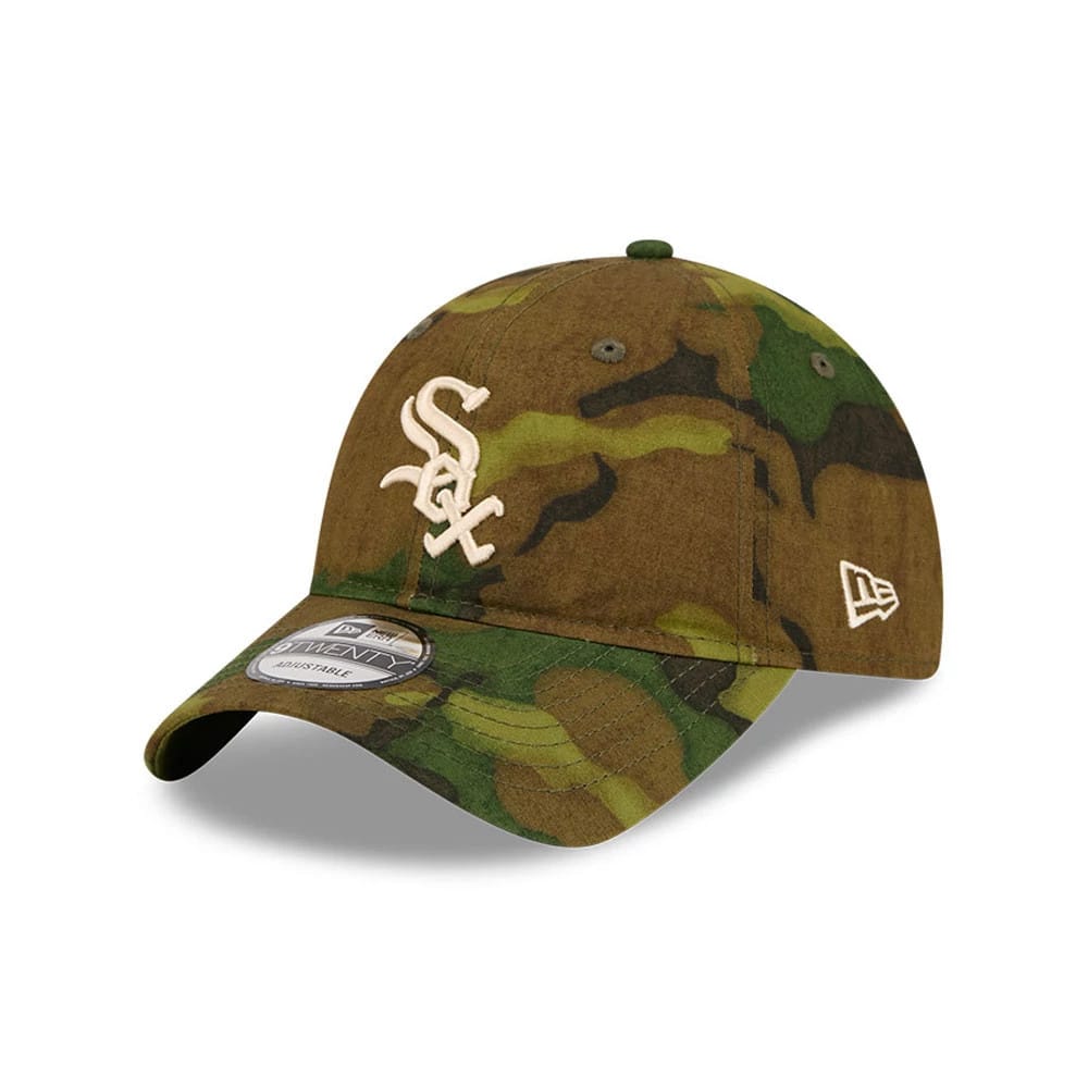 Chicago White Sox MLB Ripstop Camo New Era 9TWENTY Adjustable Cap, front view showing the white embroidered Sox logo on the front panel, a camouflage pattern across the entire crown and visor, and a 9TWENTY size sticker on the curved visor.