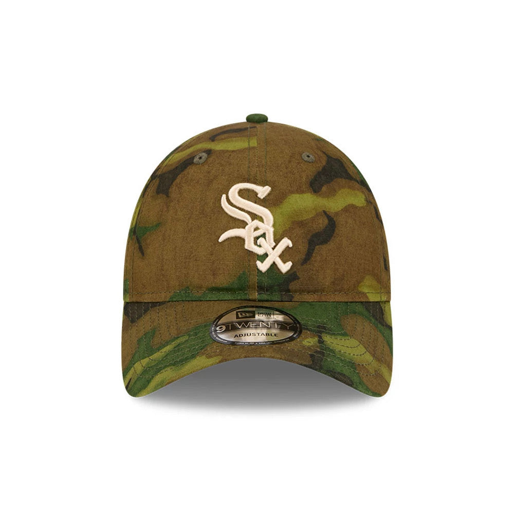 Chicago White Sox MLB Ripstop Camo New Era 9TWENTY Adjustable Cap, front view showing the white embroidered Sox logo on the structured camo-patterned crown, with a curved camo visor and a 9TWENTY size sticker on the visor.
