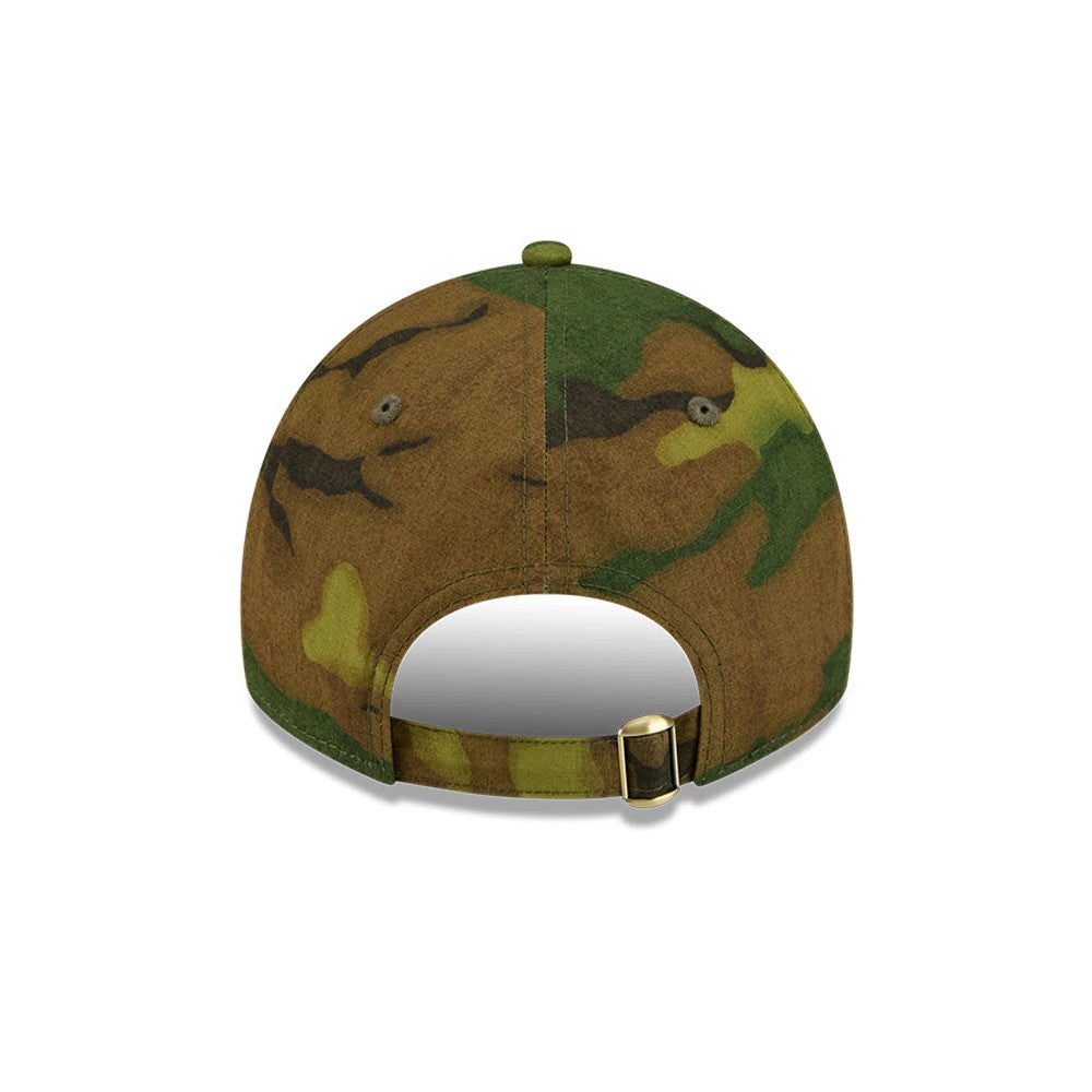 Chicago White Sox MLB Ripstop Camo New Era 9TWENTY Adjustable Cap, rear view showing the camo pattern covering the back panels and top button, the buckle on the adjustable strap, and two small vent eyelets at the back.
