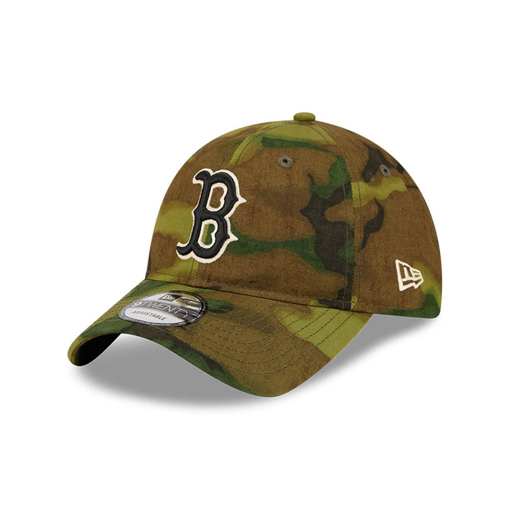 Boston Red Sox MLB Ripstop Camo New Era 9TWENTY Adjustable Cap, three-quarter view showing the white embroidered Red Sox B logo on the camo-patterned front panels, with a curved visor and the New Era flag logo on the left side.