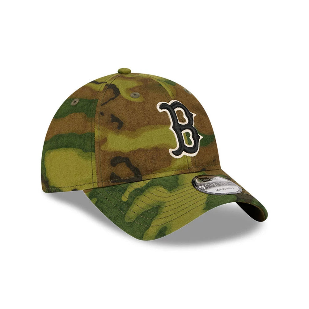 Boston Red Sox MLB Ripstop Camo New Era 9TWENTY Adjustable Cap, three-quarter view showing the raised black and white embroidered B logo on the front panel, with a green ripstop camouflage fabric and a 9TWENTY size sticker on the visor.