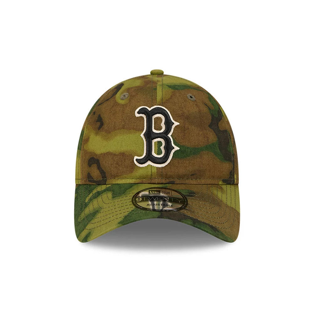 Boston Red Sox MLB Ripstop Camo New Era 9TWENTY Adjustable Cap, front view showing a white-outlined B logo in raised embroidery on the camo front panels, with a matching camo visor and a 9TWENTY size sticker on the visor.