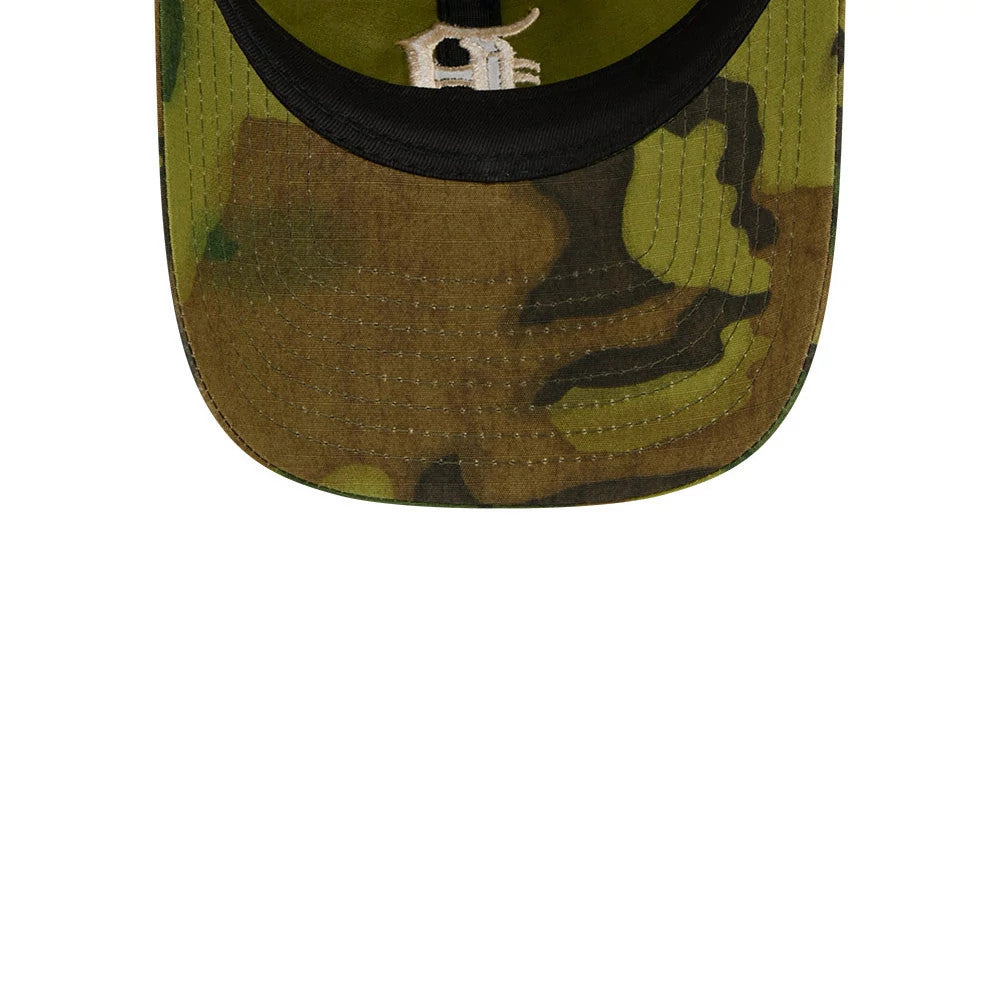 Detroit Tigers MLB Ripstop Camo New Era 9TWENTY Adjustable Cap, inside view showing the green ripstop camo print on the curved visor, a black sweatband around the inner crown, and a white logo on the green undervisor.