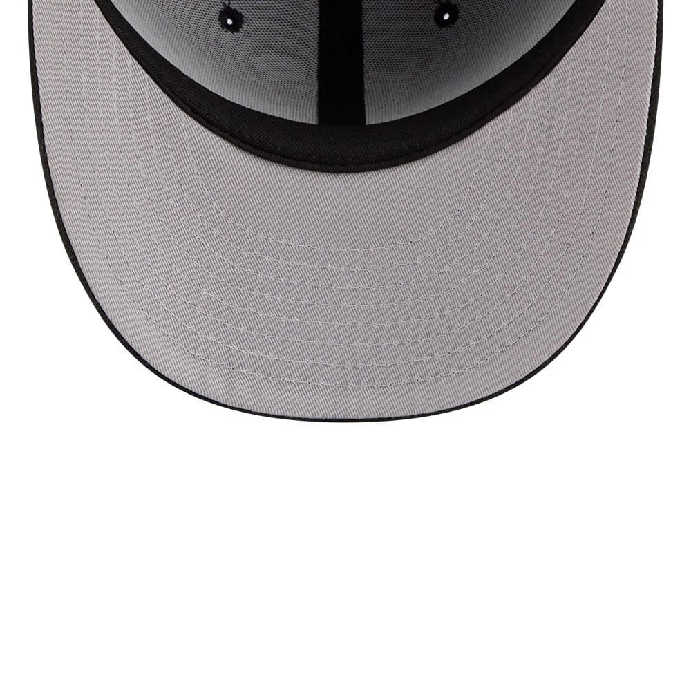 Chicago White Sox MLB Tweedy Cotton Black New Era 59FIFTY Fitted Cap, inside view showing the light grey undervisor with white stitching, contrasting black interior panels, and the black sweatband encircling the cap's structured interior.