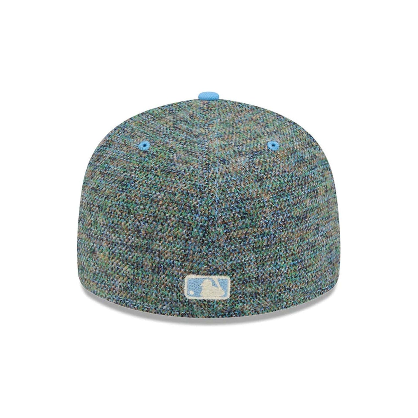 Boston Red Sox MLB Tweedy Cotton Pastel Blue New Era 59FIFTY Fitted Cap, rear view showing the light blue embroidered MLB Batterman logo at the centre, with pastel blue top button and eyelets on the multicoloured tweed fabric crown.