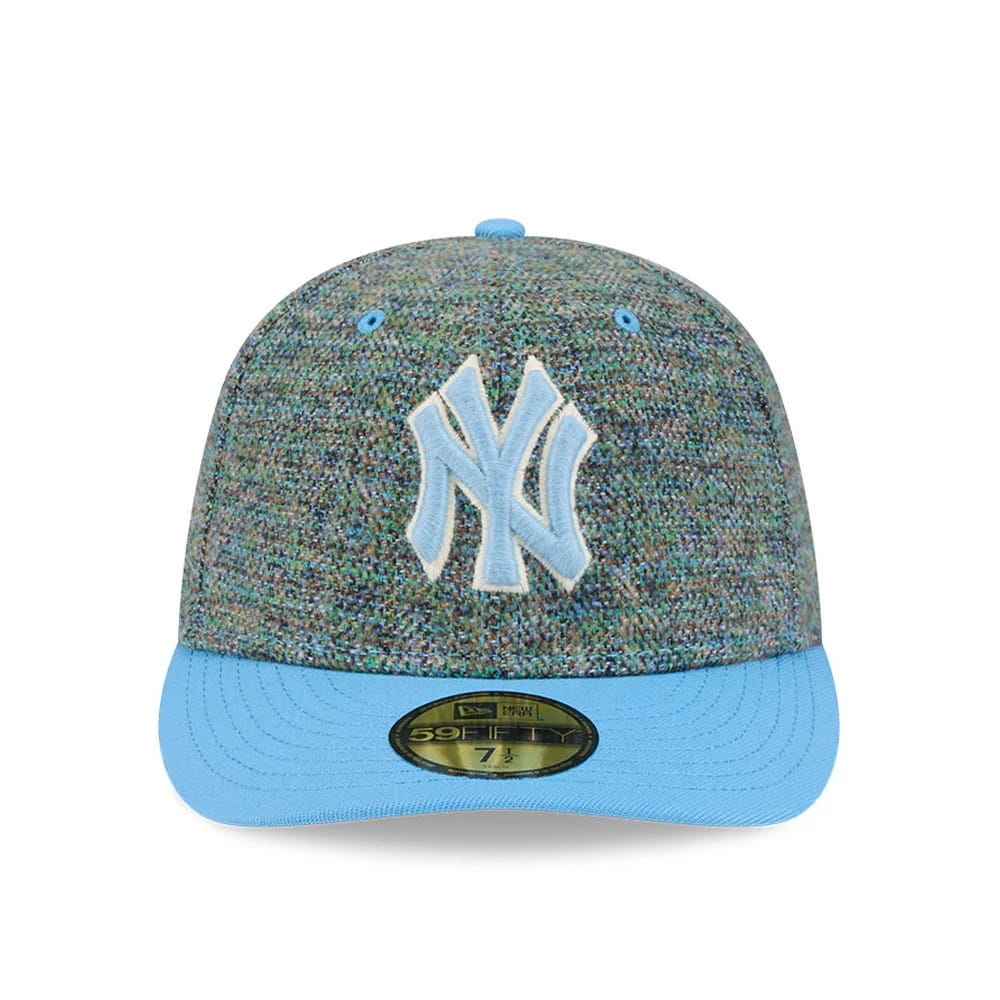 New York Yankees MLB Tweedy Cotton Pastel Blue New Era 59FIFTY Fitted Cap, front view showing a raised light blue embroidered NY logo on the multicoloured tweed texture crown, with a matching pastel blue flat visor and a gold 59FIFTY size sticker.