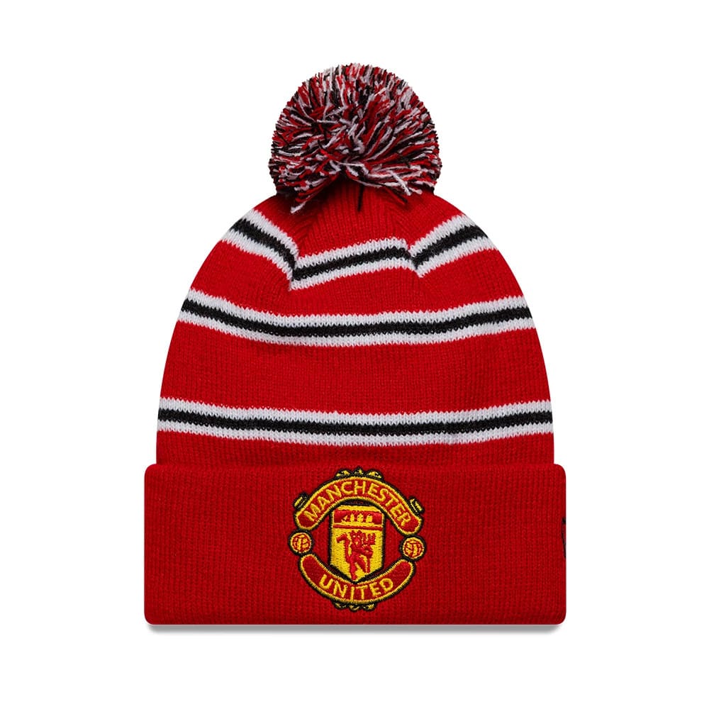 New Era Manchester United FC Infant Stripe Red Cuff knit Beanie Hat, front view showing the embroidered Manchester United crest on the red cuff, with red, black and white striped pattern on the crown and a matching red, black.