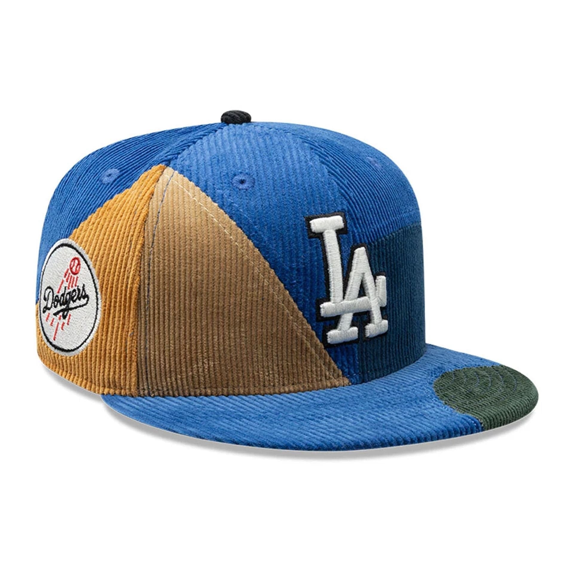 Pictured is this MLB Patchwork LA Dodgers 59FIFTY Fitted cap in dark blue. 1
