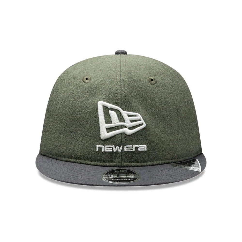 New Era Melton Wool Green Retro Crown 9FIFTY Cap, front view showing the raised white embroidered New Era flag logo and text on the centre front, with a dark grey visor and a 9FIFTY size sticker on the flat visor.