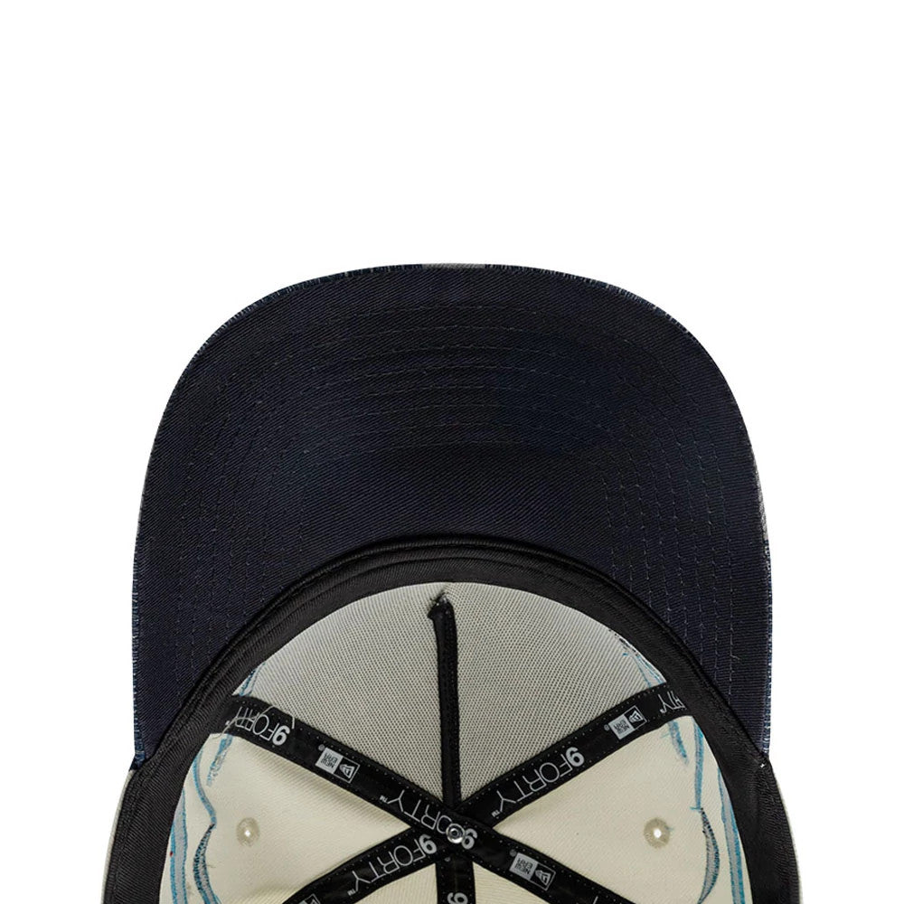 New York Yankees MLB Flame Cream New Era 9FORTY A-Frame Cap, inside view showing black taping with repeated white 9FORTY logos, a black sweatband lining the edge, and a cream undervisor with grey stitching.