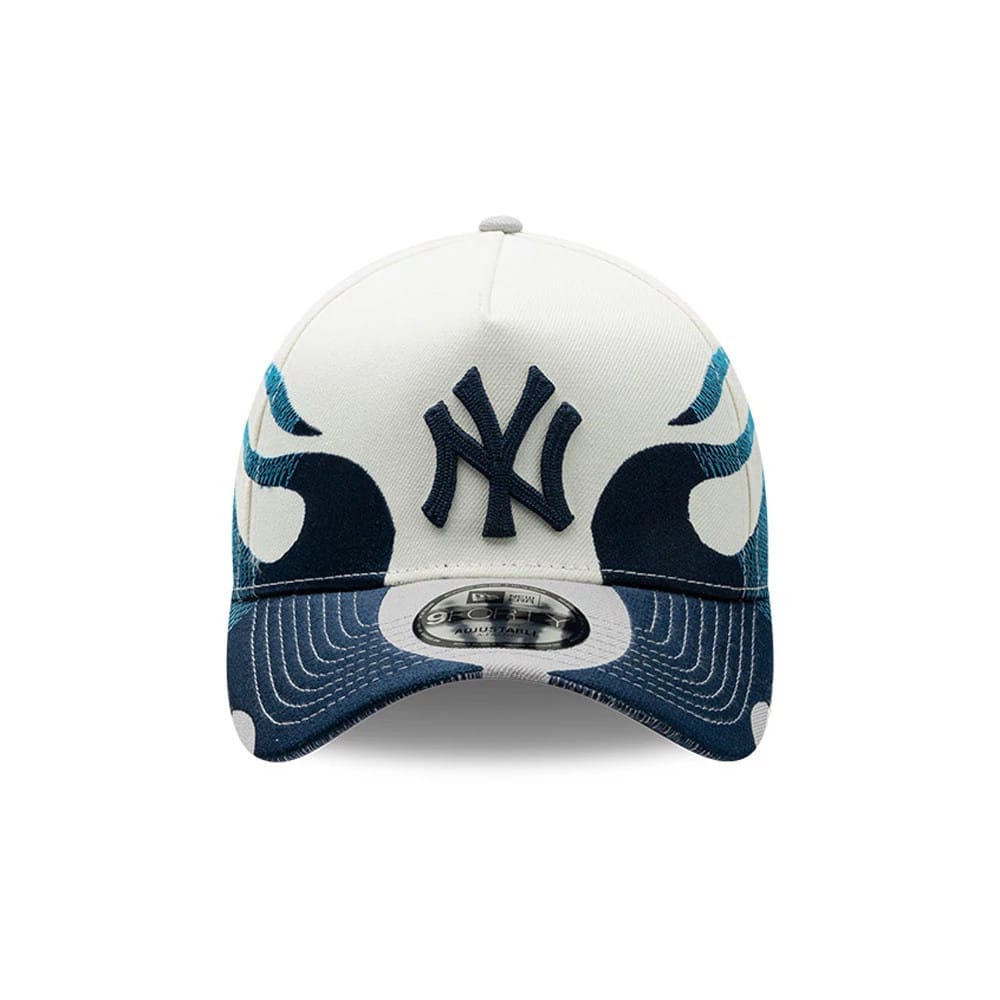 New York Yankees MLB Flame Cream New Era 9FORTY A-Frame Cap, front view showing a raised black NY logo embroidered on the cream front panel, dark navy visor with flame graphic wrapping around to the sides, and 9FORTY size sticker on the visor.