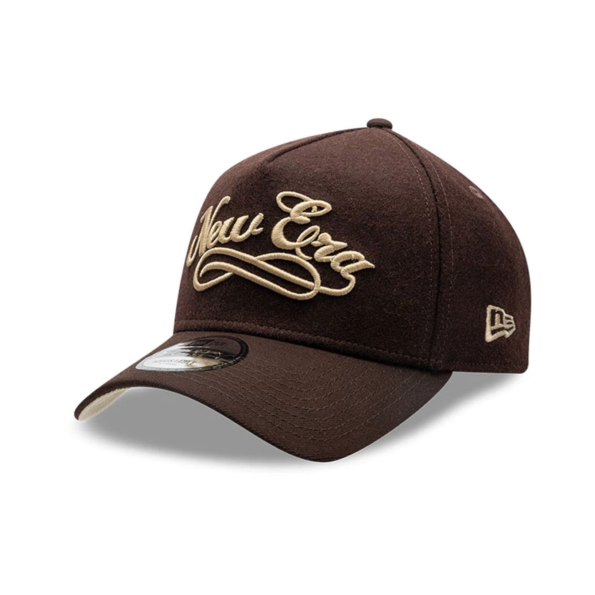 Pictured is this New Era Melton Wool 9FORTY A-Frame cap in Brown. 1