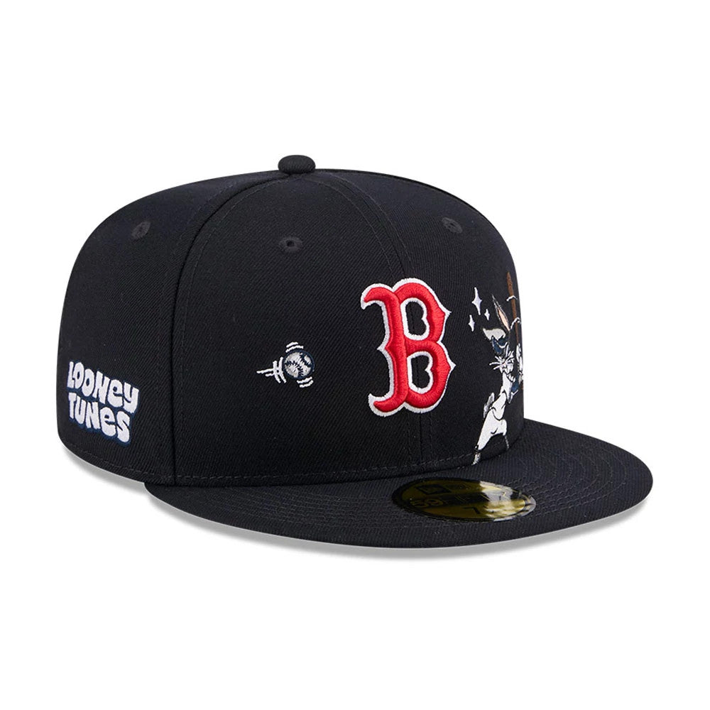 Boston Red Sox MLB X Looney Tunes Bugs Bunny Navy New Era 59FIFTY Fitted Cap, three-quarter view showing the red embroidered Boston B logo on the front panel, with Bugs Bunny graphic on the side, and Looney Tunes branding on the left.