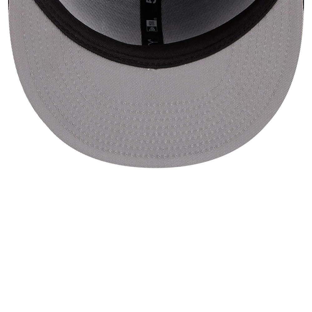Boston Red Sox MLB X Looney Tunes Bugs Bunny Navy New Era 59FIFTY Fitted Cap, inside view showing the grey undervisor with black taping along the interior seams, and a black sweatband lining the edge for added comfort and structure.