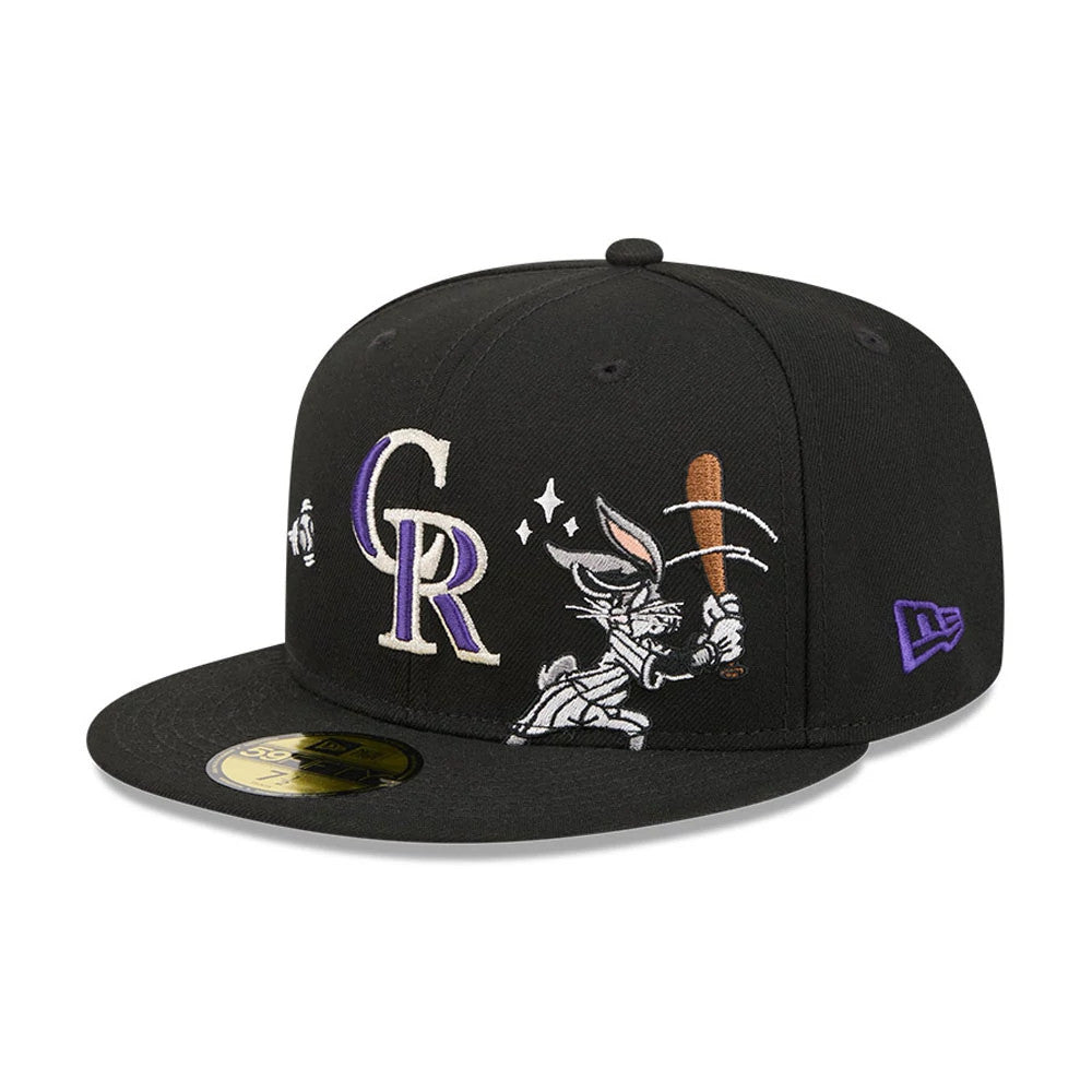 Colorado Rockies MLB X Looney Tunes Bugs Bunny Black New Era 59FIFTY Fitted Cap, front view showing Bugs Bunny embroidered with a bat on the black crown, along with purple and white CR logo, and purple New Era flag logo on the left side.