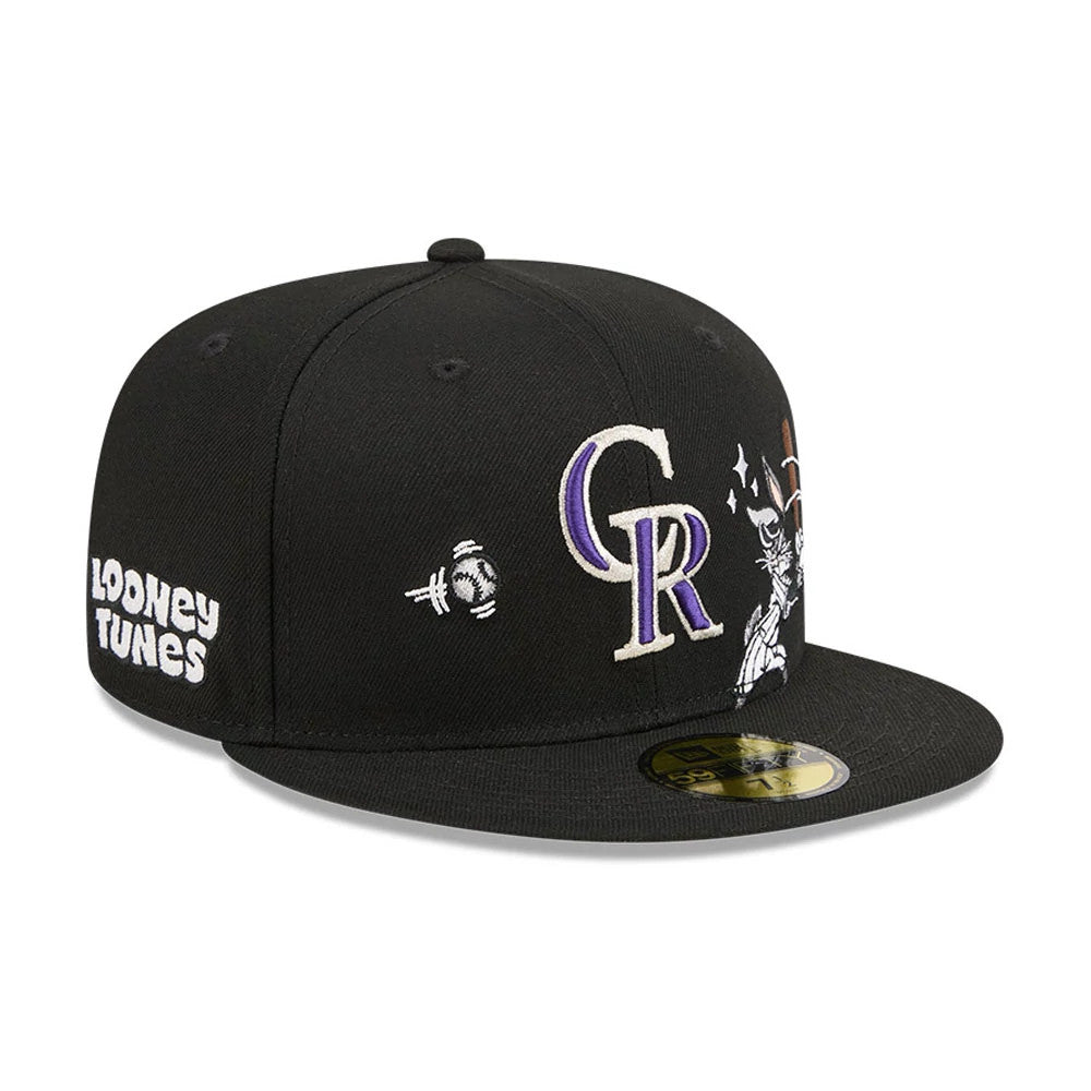 Colorado Rockies MLB X Looney Tunes Bugs Bunny Black New Era 59FIFTY Fitted Cap, three-quarter view showing the purple and white raised embroidered CR logo on the front panels, Bugs Bunny graphic on the side, and Looney Tunes text on the left.