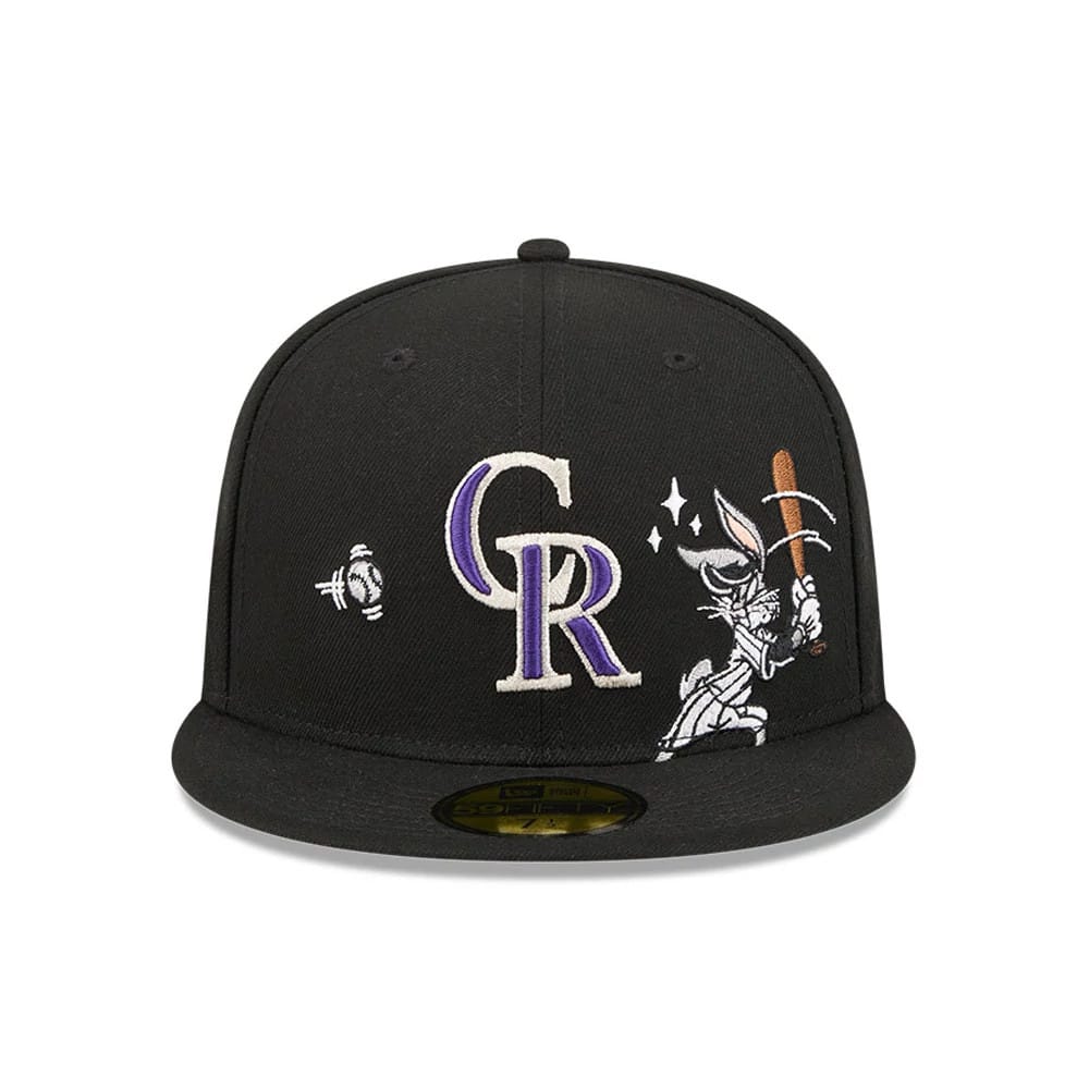 Colorado Rockies MLB X Looney Tunes Bugs Bunny Black New Era 59FIFTY Fitted Cap, front view showing the purple and white CR logo embroidered on the centre front panel, with Bugs Bunny in a baseball pose and a gold 59FIFTY size sticker on the visor.