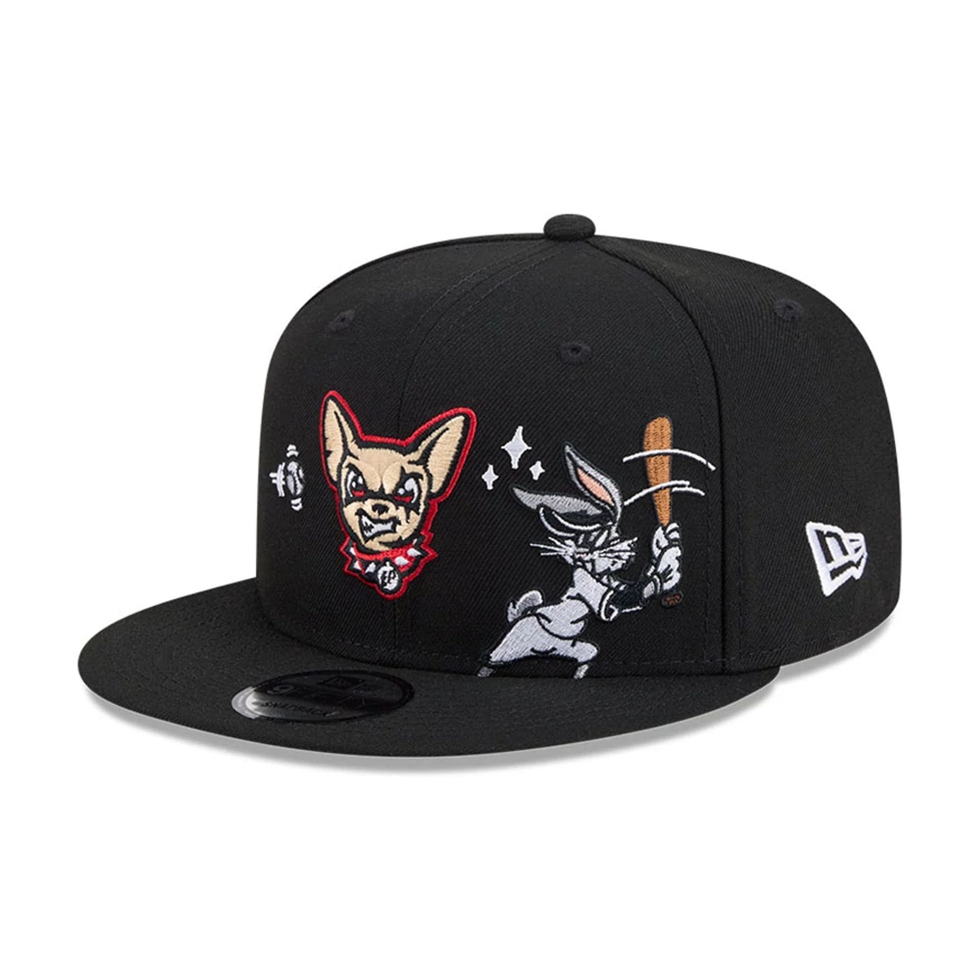 Pictured is this MiLB X Looney Tunes Bugs Bunny El Paso Chihuahuas 9FIFTY Snapback Adjustable cap in black. 1