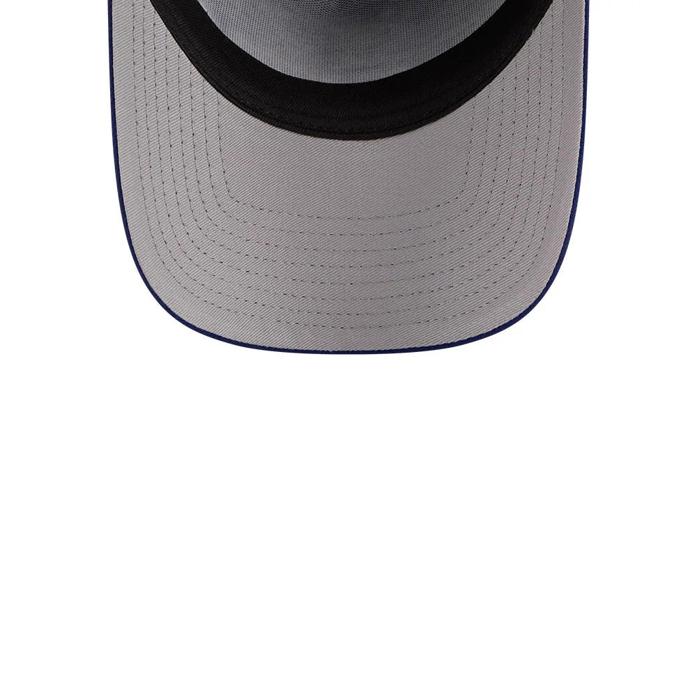 LA Dodgers MLB X Looney Tunes Dark Blue New Era 9FORTY A-Frame Adjustable Cap, inside view showing the light grey undervisor, complemented by a black sweatband lining the interior edge, with detailed stitching on the visor.