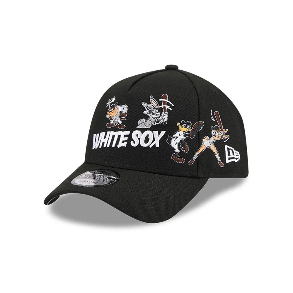 Chicago White Sox MLB X Looney Tunes Black New Era 9FORTY A-Frame Adjustable Cap, front view showing embroidered Looney Tunes characters playing baseball above white White Sox lettering, with the New Era flag logo on the left side of the black visor.