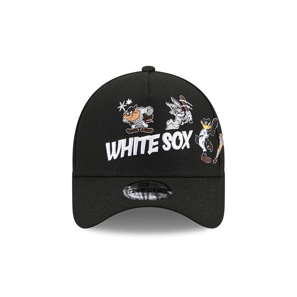 Chicago White Sox MLB X Looney Tunes Black New Era 9FORTY A-Frame Adjustable Cap, front view showing Bugs Bunny, Sylvester, and Taz embroidered alongside the White Sox logo in white on the structured black crown, with a curved visor.