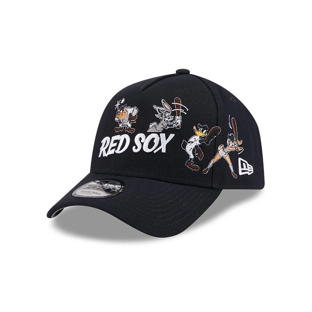 Boston Red Sox MLB X Looney Tunes Navy New Era 9FORTY A-Frame Adjustable Cap, front view showing white raised embroidered Red Sox lettering and colourful Looney Tunes characters on the structured navy crown, with a curved visor.