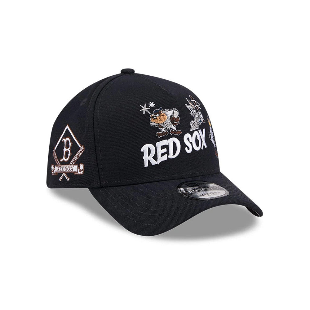 Boston Red Sox MLB X Looney Tunes Navy New Era 9FORTY A-Frame Adjustable Cap, front view showing white and blue embroidered Red Sox lettering, cartoon mascots on the front panels, and a silver 9FORTY size sticker on the curved navy visor.