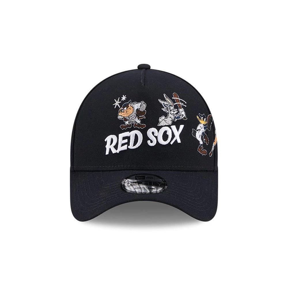 Boston Red Sox MLB X Looney Tunes Navy New Era 9FORTY A-Frame Adjustable Cap, front view showing Bugs Bunny and Taz embroidered on the front panel, with white Red Sox text and a 9FORTY size sticker on the curved visor.