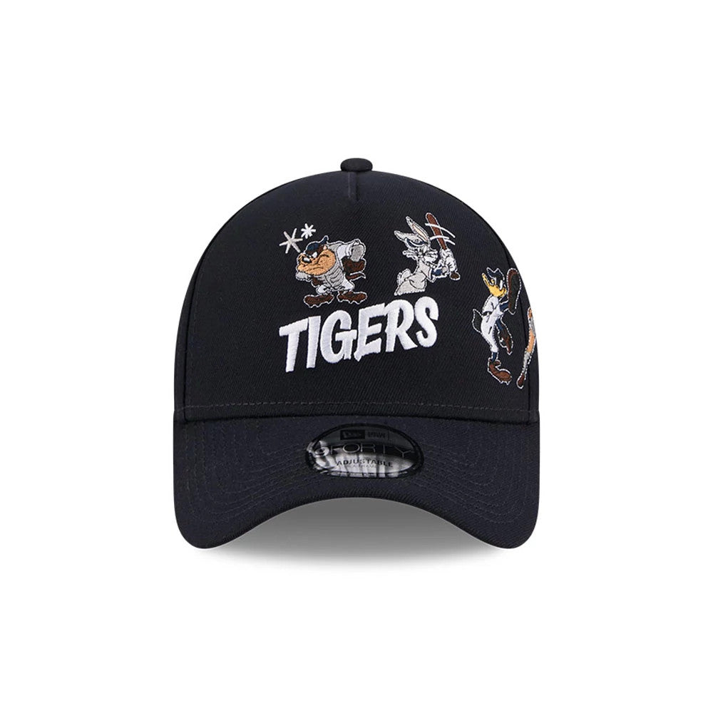 Detroit Tigers MLB X Looney Tunes Navy New Era 9FORTY A-Frame Adjustable Cap, front view showing embroidered Looney Tunes characters on the crown, white TIGERS lettering, and a curved navy visor with a 9FORTY size sticker beneath it.