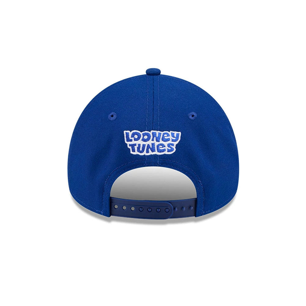 New York Mets MLB X Looney Tunes Blue New Era 9FORTY A-Frame Adjustable Cap, rear view showing the white embroidered Looney Tunes logo centred on the blue structured crown above the adjustable strap, with matching blue eyelets and top button.