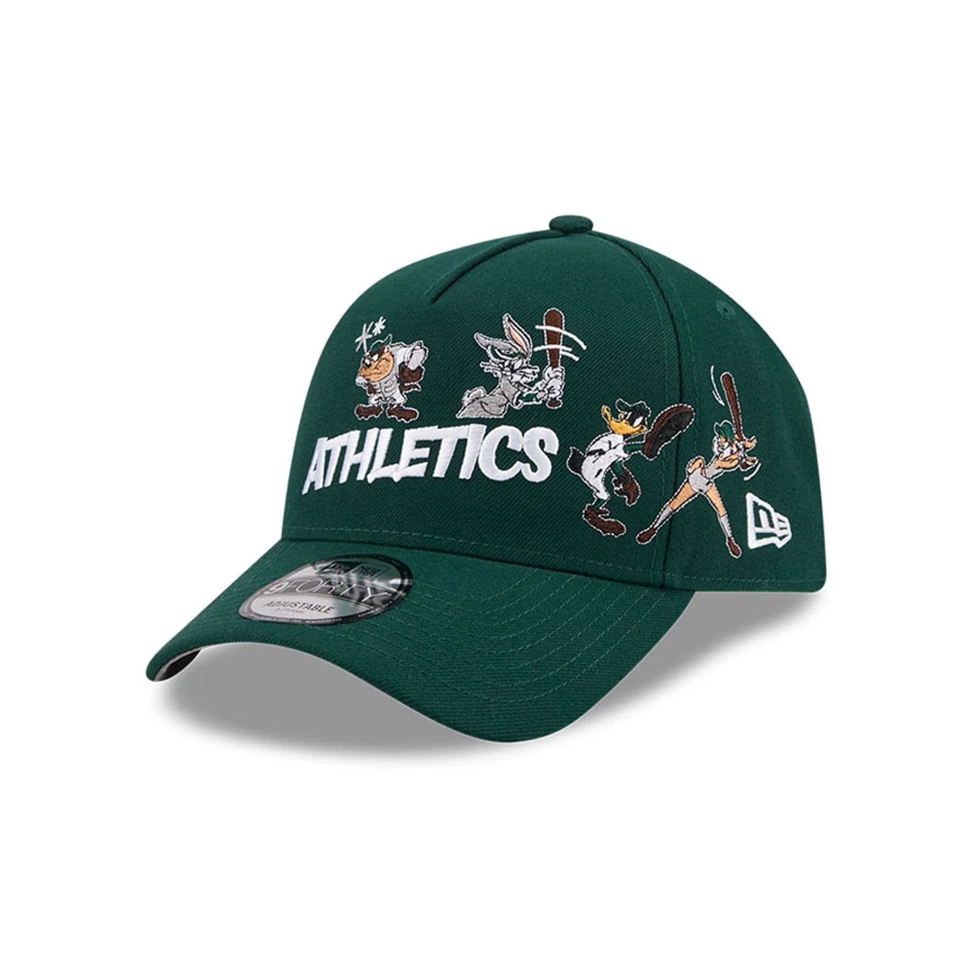 Pictured is this MLB X Looney Tunes Athletics 9FORTY A-Frame Adjustable cap in dark green. 1