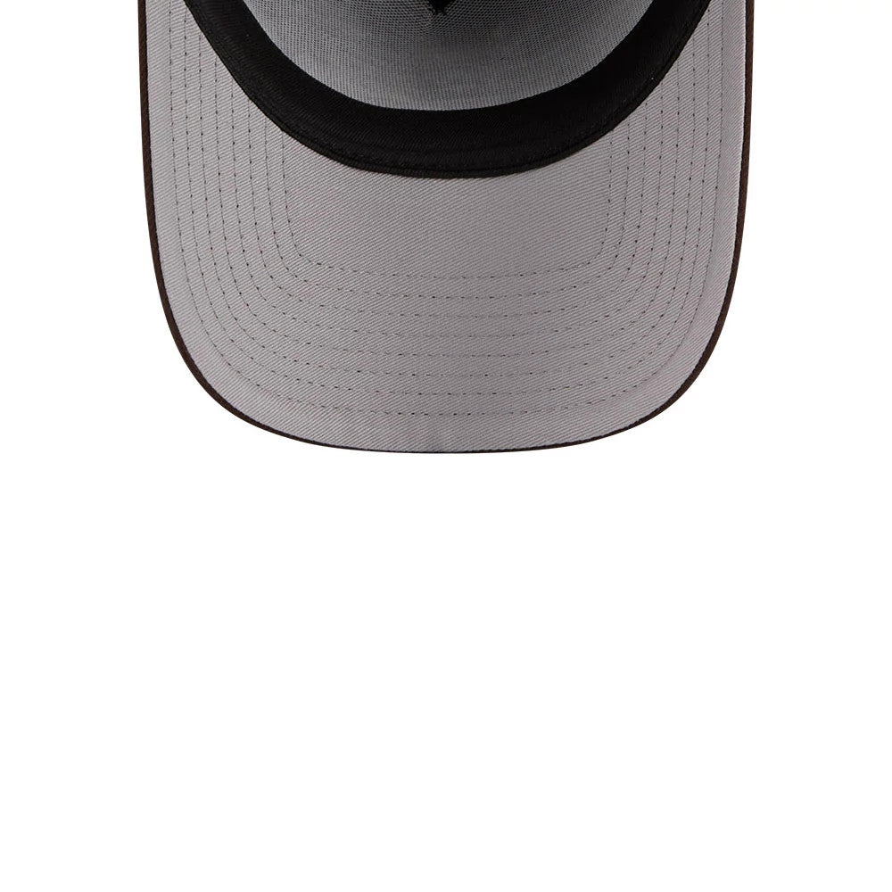 San Diego Padres MLB X Looney Tunes Dark Brown New Era 9FORTY A-Frame Adjustable Cap, inside view showing a grey undervisor, black sweatband, and light grey stitching on the visor for a polished look.