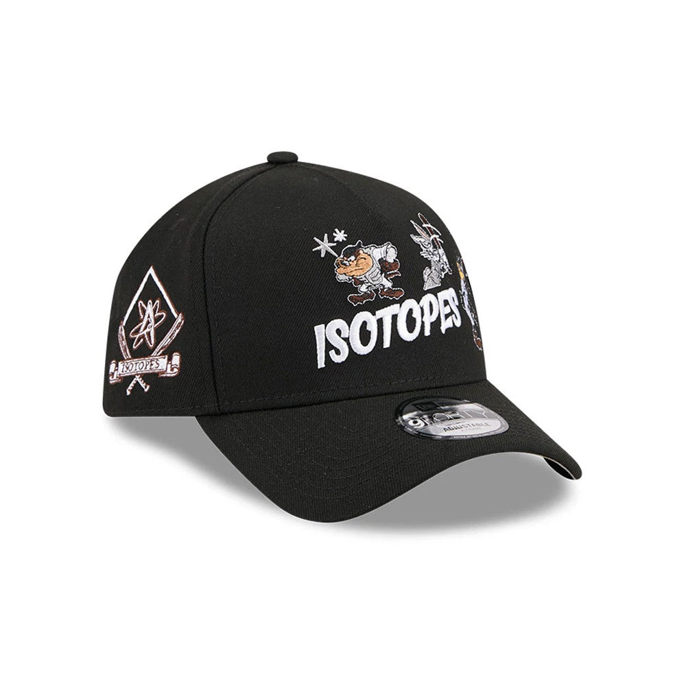 Albuquerque Isotopes MiLB X Looney Tunes Black New Era 9FORTY A-Frame Adjustable Cap, front view showing embroidered Looney Tunes characters and 'Isotopes' text on the front panel, featuring a 9FORTY size sticker on the curved black visor.